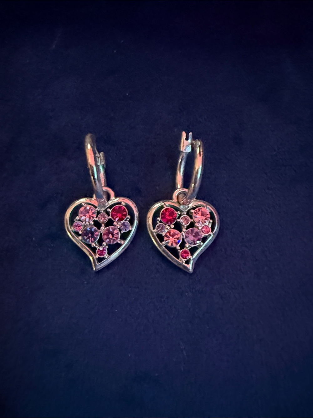Silver Heart Drop Earrings with Pink and Red Crystals